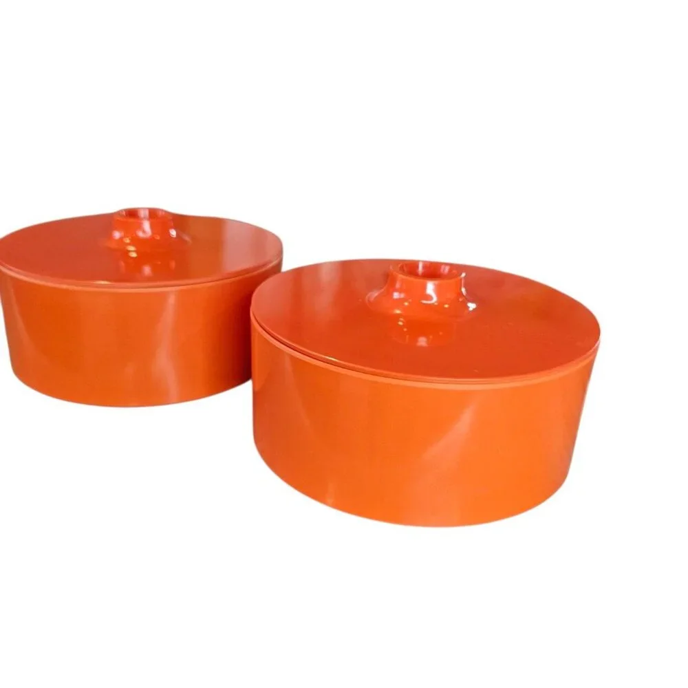 MCM 2 HELLER Bowls Finger Lid Vibrant Orange Massimo Vignelli Melamine 1 Cracked